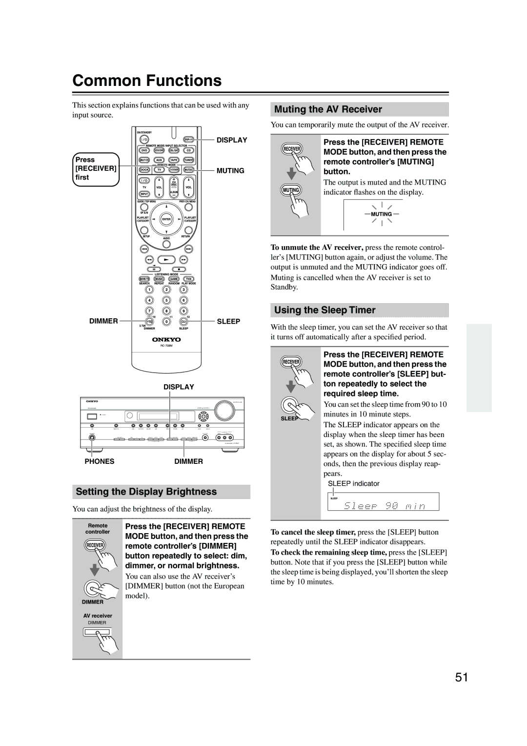 Onkyo SKB-960, SKW-960 Common Functions, Setting the Display Brightness, Muting the AV Receiver, Using the Sleep Timer 