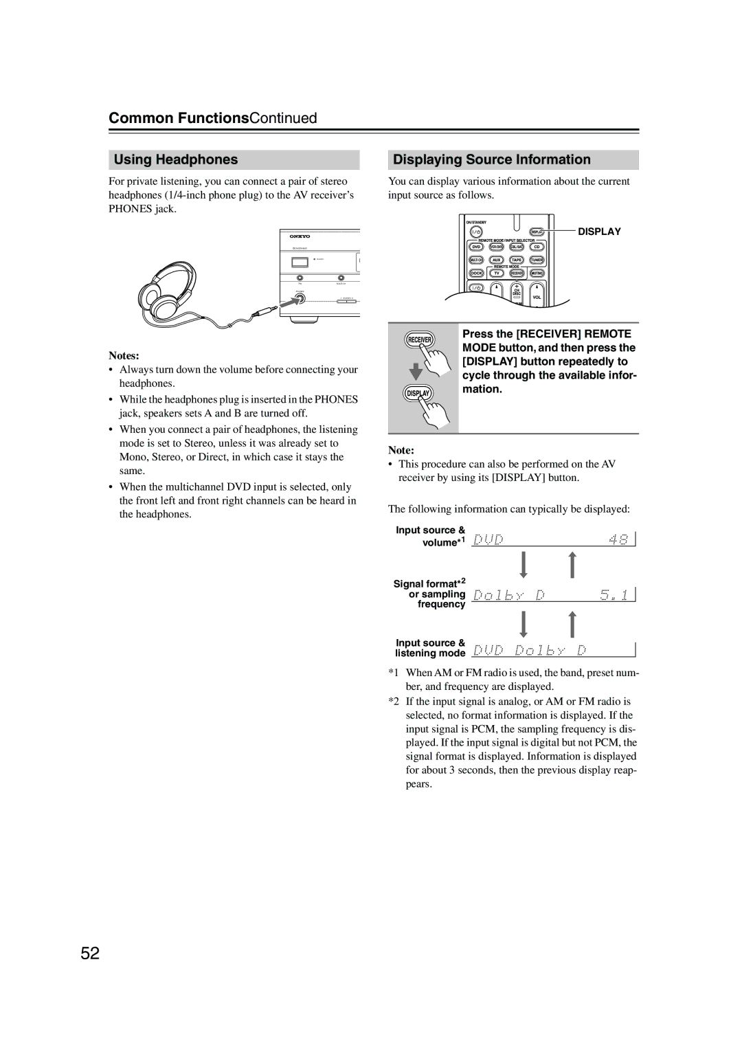 Onkyo HT-R960, SKW-960, SKF-960F, SKC-960C, SKB-960 Common Functions, 7Using Headphones, Displaying Source Information 