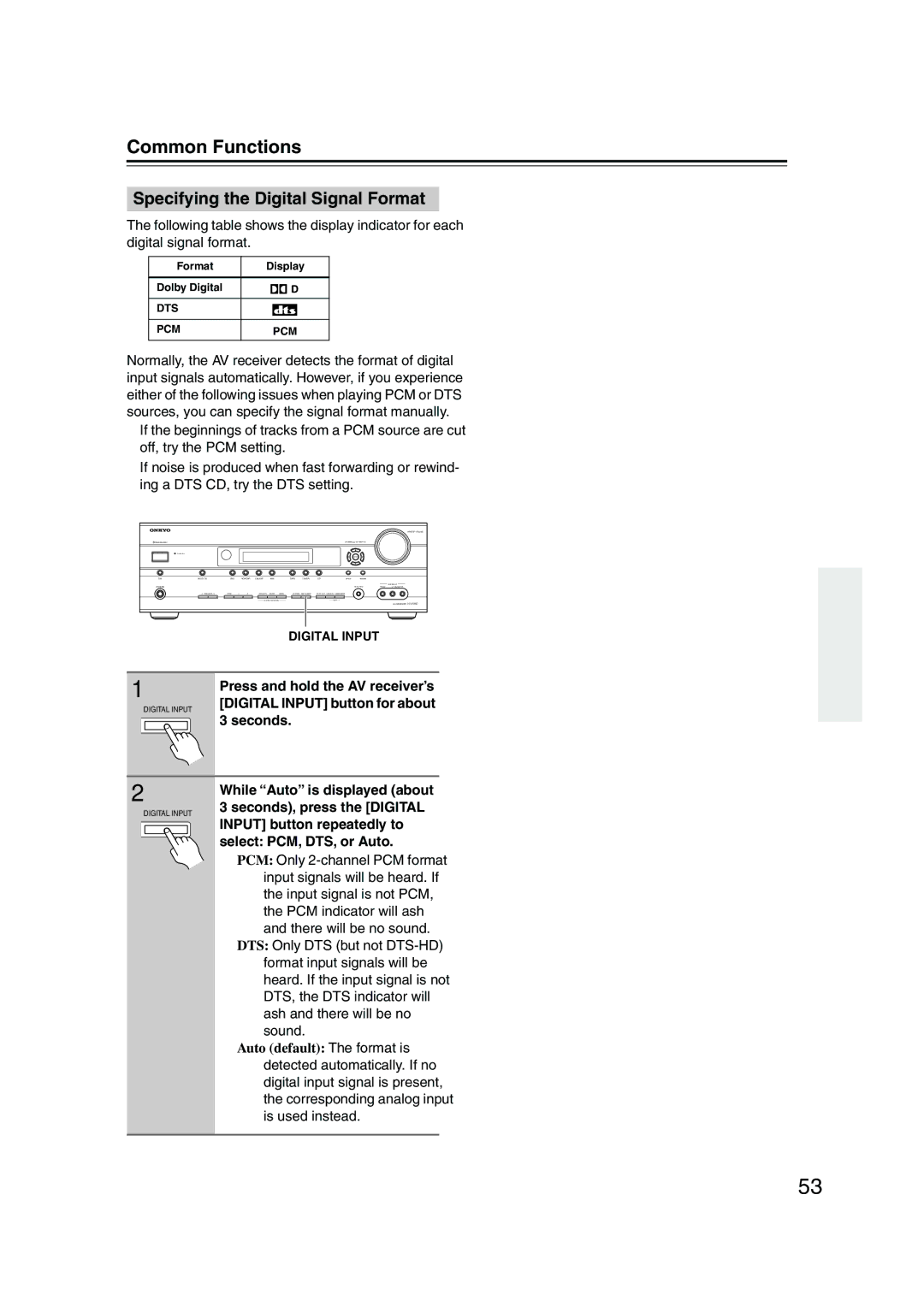 Onkyo SKM-960S Specifying the Digital Signal Format, Press and hold the AV receiver’s, Digital Input button for about 