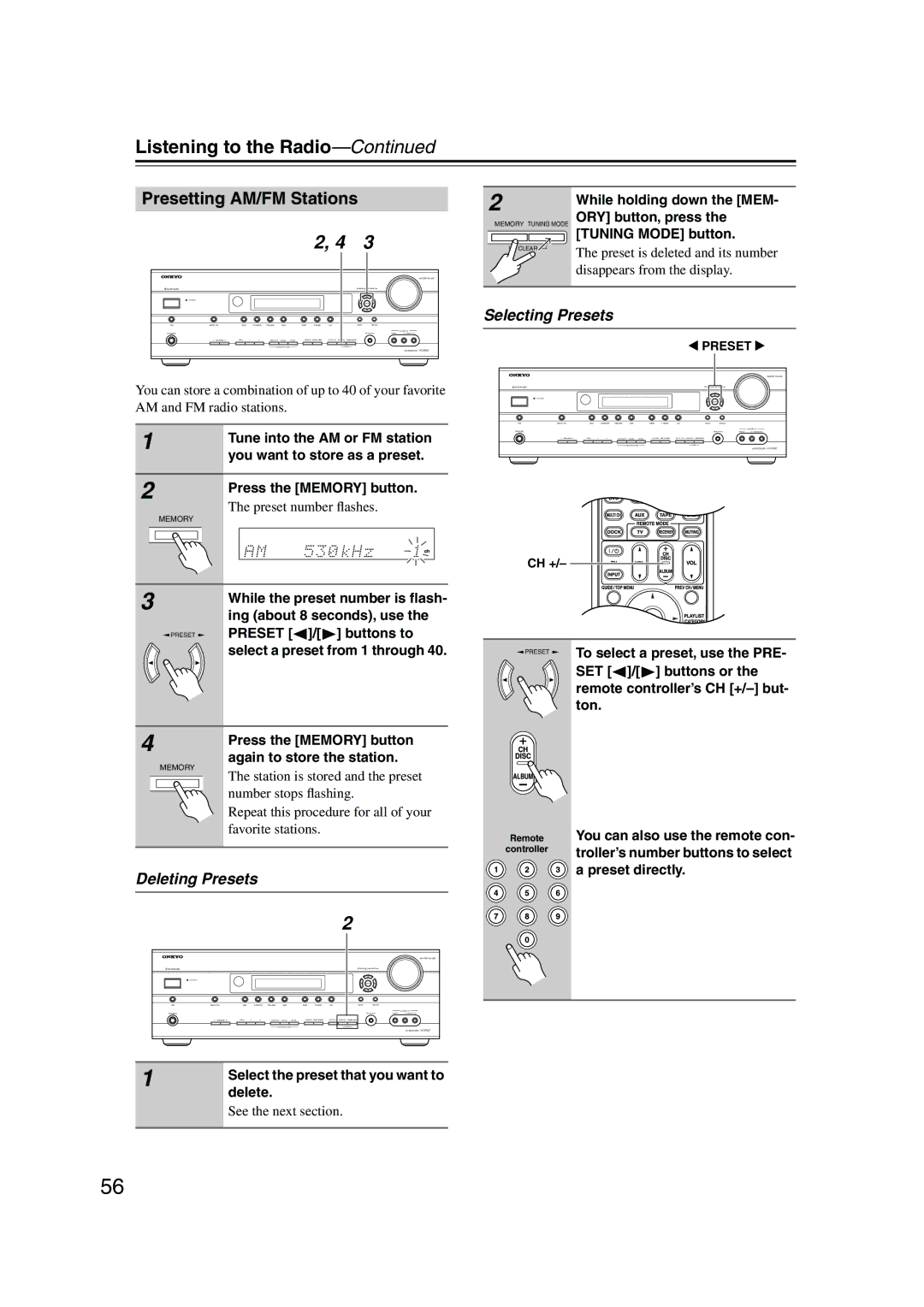 Onkyo SKC-960C, SKW-960, SKF-960F, SKB-960, HT-R960, SKM-960S Presetting AM/FM Stations, Deleting Presets, Selecting Presets 