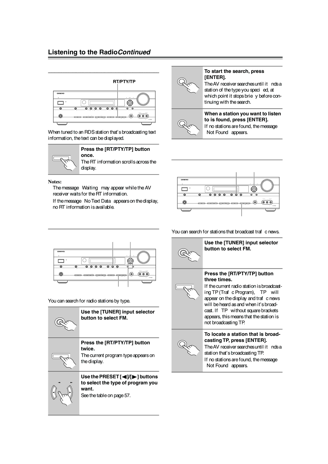 Onkyo HT-R960, SKW-960, SKF-960F Displaying Radio Text RT, Listening to Trafﬁc News TP, Finding Stations by Type PTY 