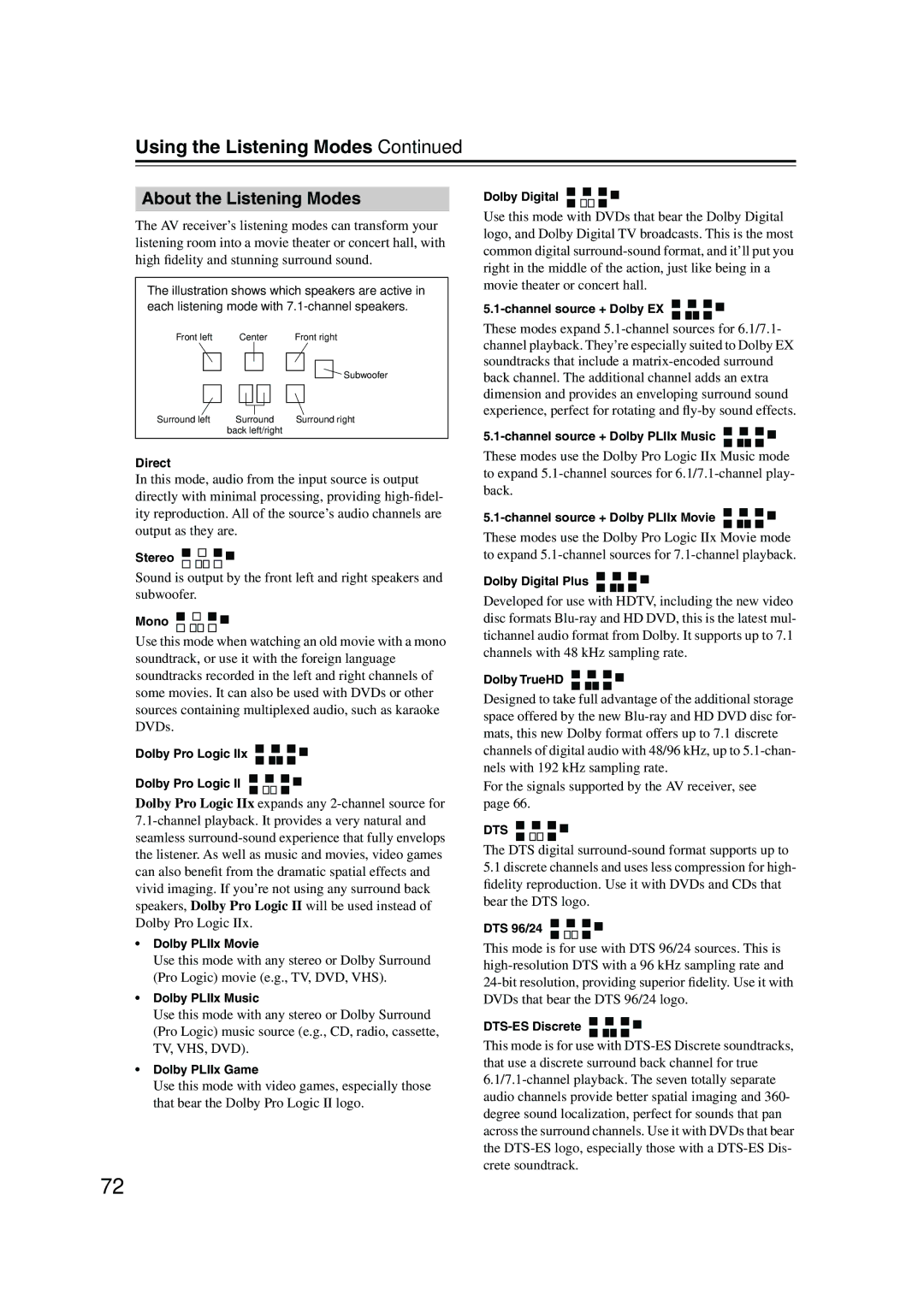 Onkyo SKW-960, SKF-960F, SKC-960C, SKB-960, HT-R960, SKM-960S instruction manual About the Listening Modes 