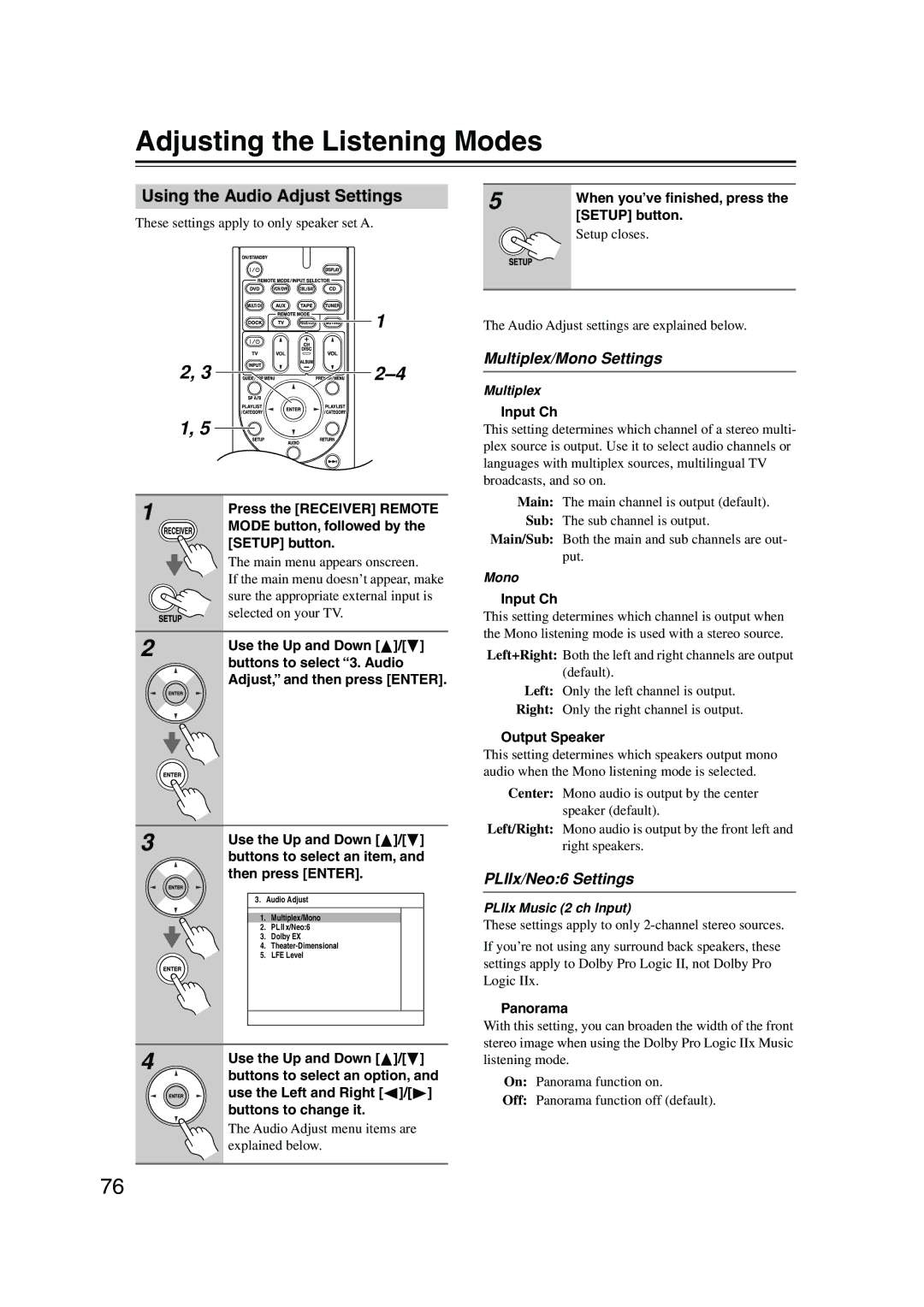 Onkyo HT-R960 Adjusting the Listening Modes, Using the Audio Adjust Settings, Multiplex/Mono Settings, PLIIx/Neo6 Settings 