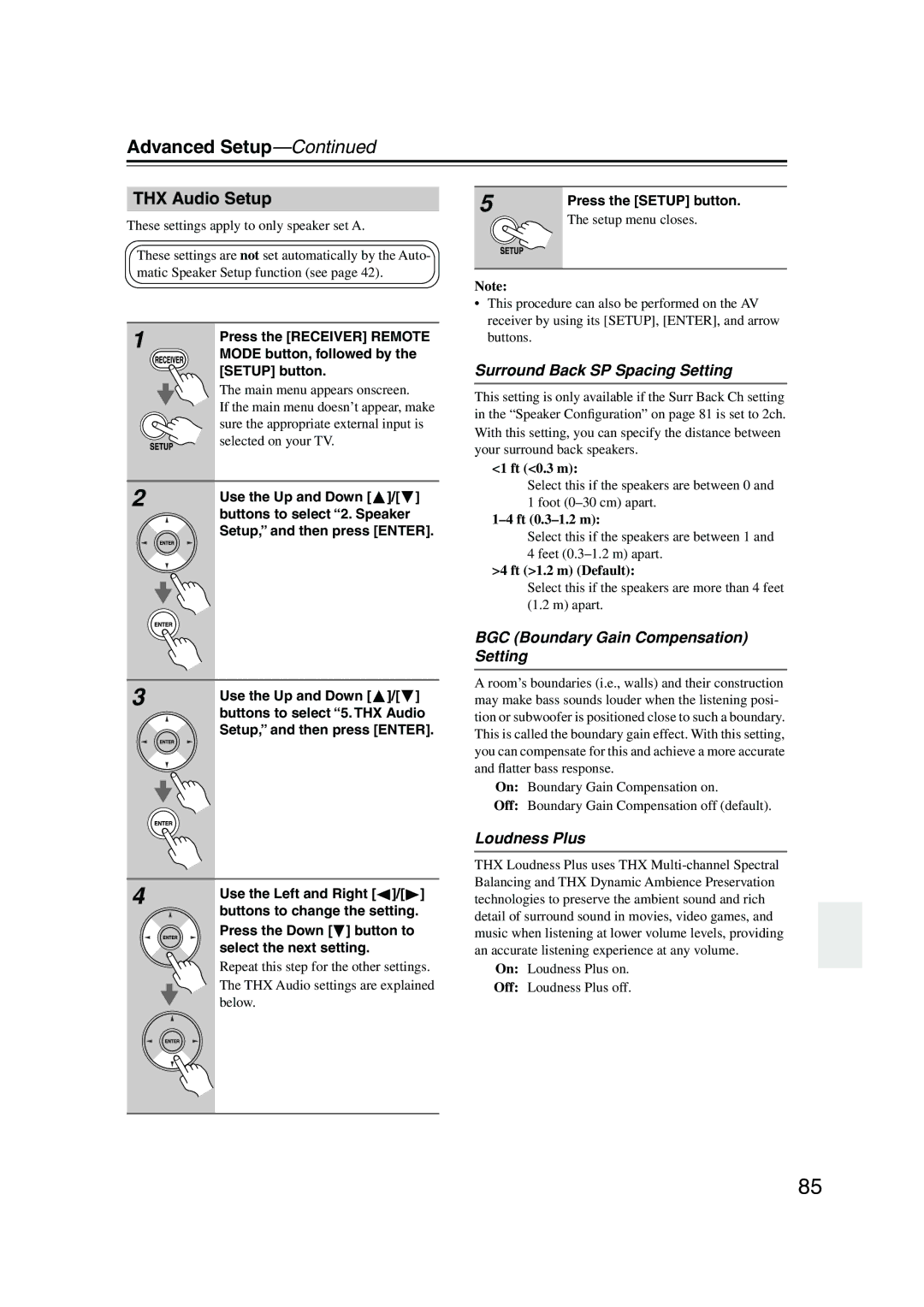 Onkyo SKF-960F THX Audio Setup, Surround Back SP Spacing Setting, BGC Boundary Gain Compensation Setting, Loudness Plus 
