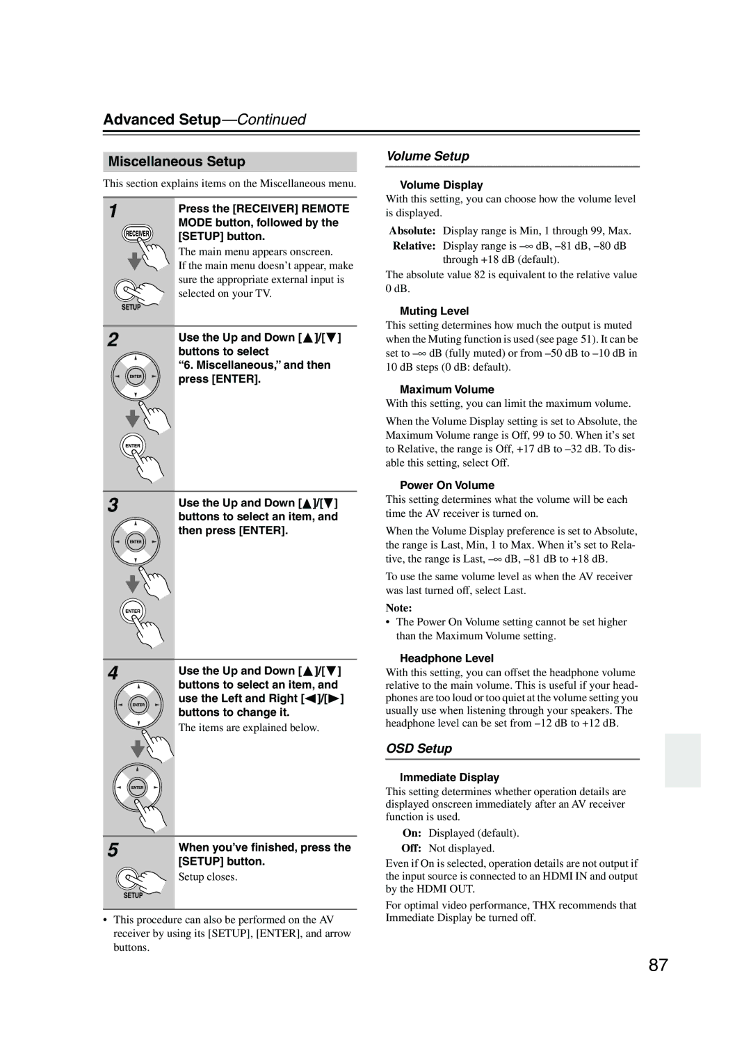 Onkyo SKB-960, SKW-960, SKF-960F, SKC-960C, HT-R960, SKM-960S instruction manual Miscellaneous Setup, Volume Setup, OSD Setup 