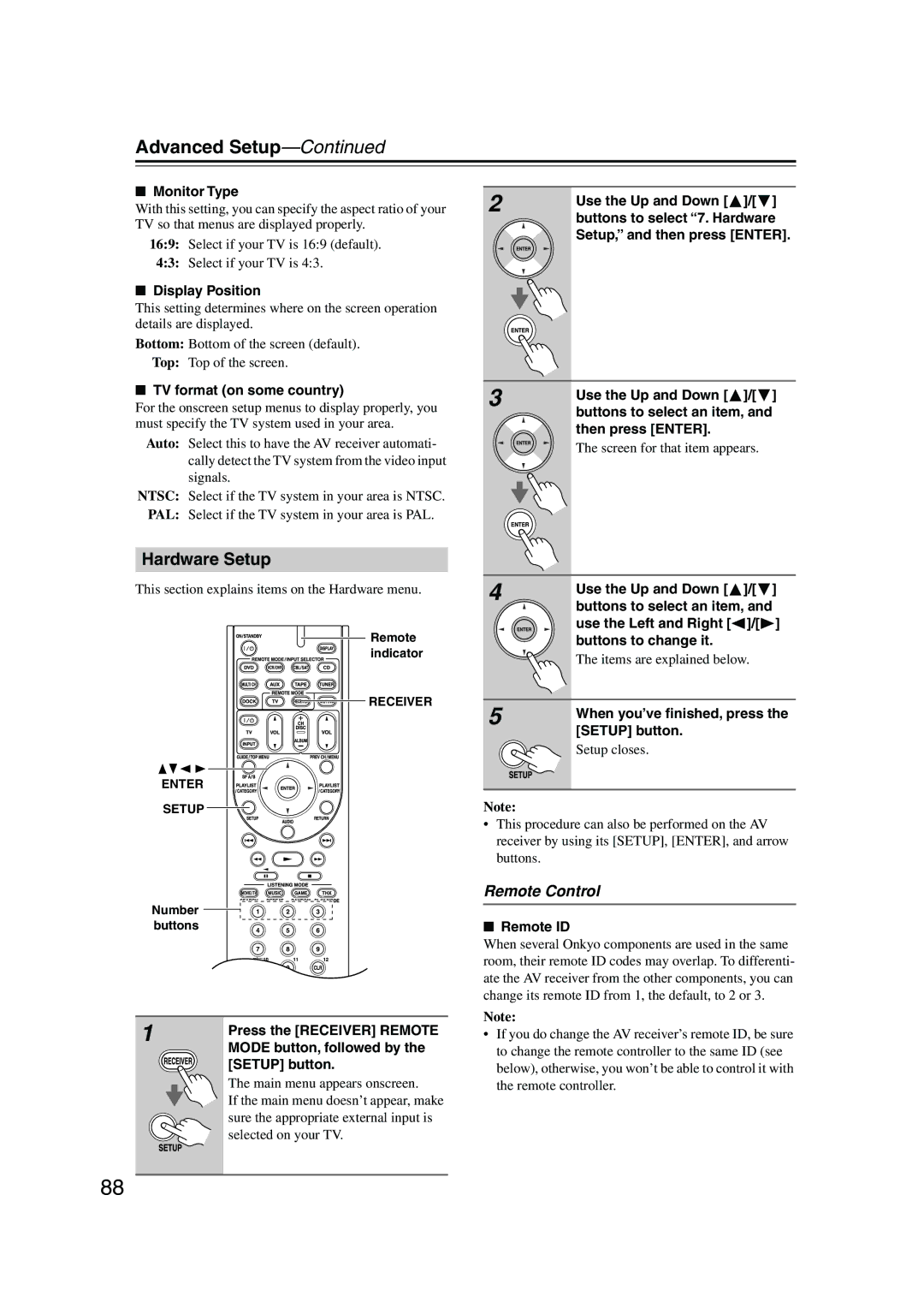 Onkyo HT-R960, SKW-960, SKF-960F, SKC-960C, SKB-960, SKM-960S instruction manual Hardware Setup, Remote Control 