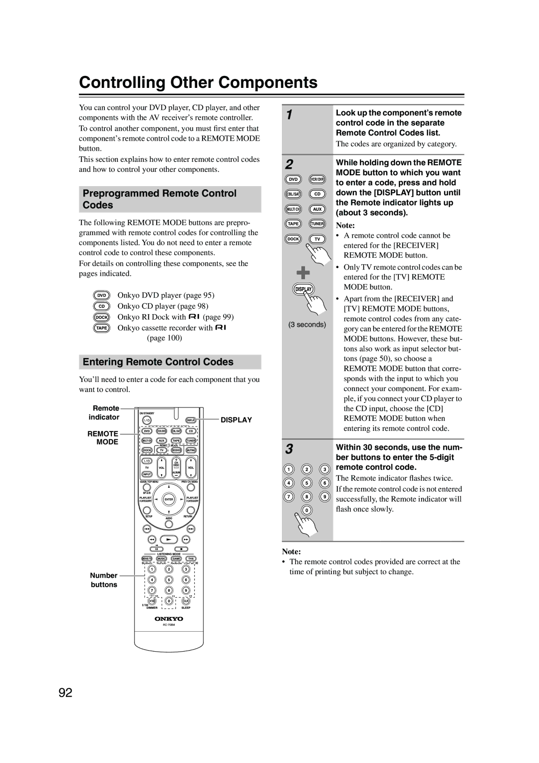 Onkyo SKC-960C, SKW-960 Controlling Other Components, Preprogrammed Remote Control Codes, Entering Remote Control Codes 