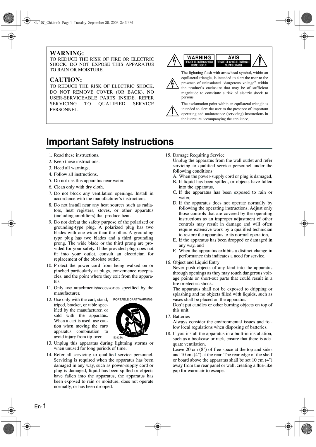 Onkyo SL-107 instruction manual Important Safety Instructions, Avis 