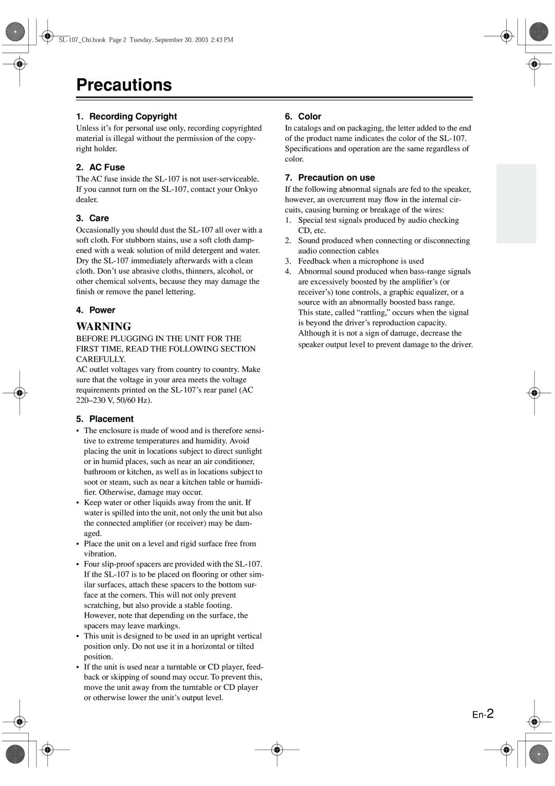 Onkyo SL-107 instruction manual Precautions, Recording Copyright 