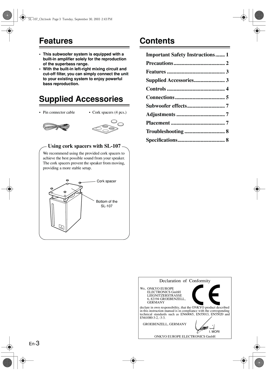 Onkyo SL-107 instruction manual Features, Supplied Accessories, Contents 