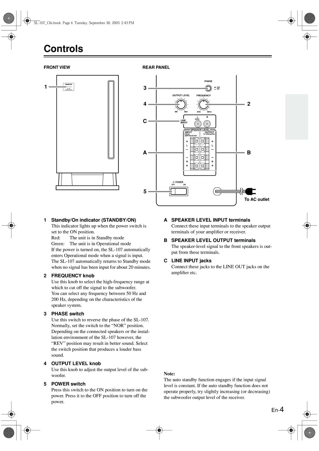 Onkyo SL-107 instruction manual Controls, Front View Rear Panel 