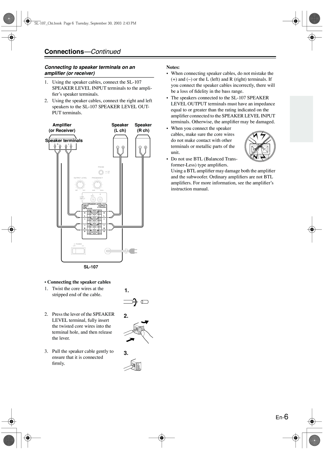 Onkyo SL-107 instruction manual Connections, Connecting to speaker terminals on an ampliﬁer or receiver 