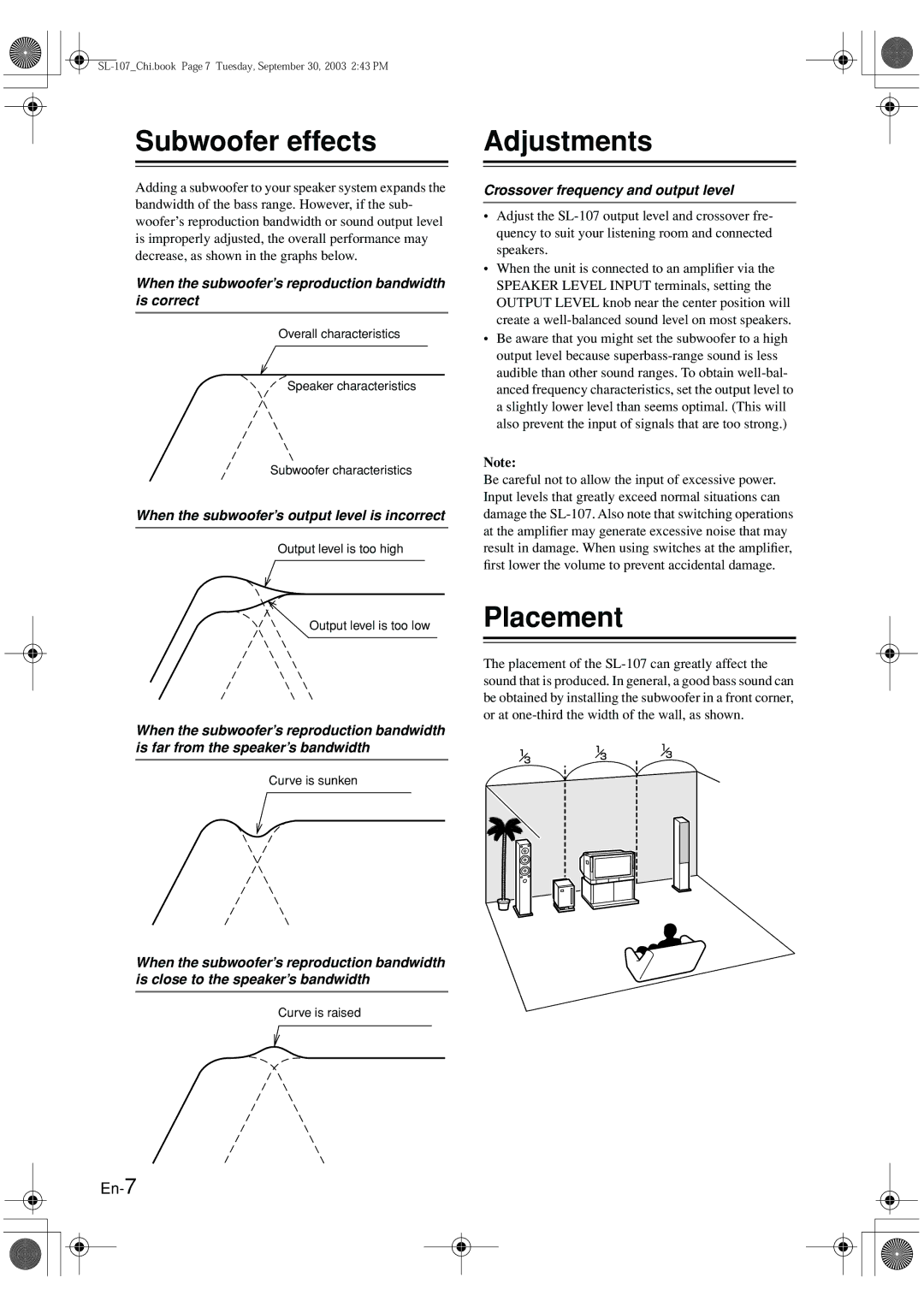 Onkyo SL-107 instruction manual Subwoofer effects, Adjustments, Placement 