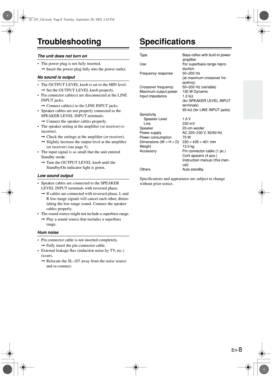 Onkyo SL-107 instruction manual Troubleshooting, Speciﬁcations 