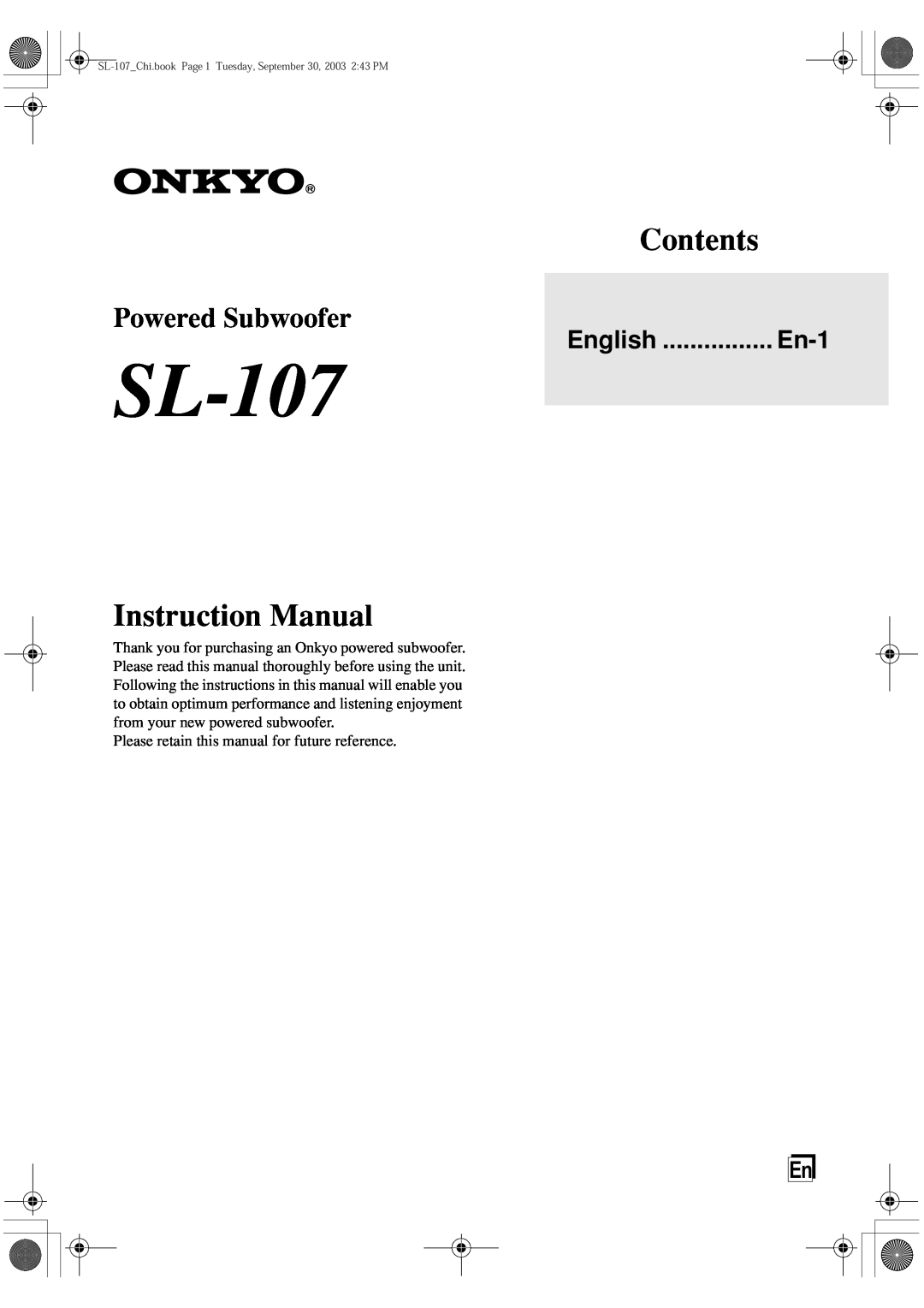 Onkyo SL-107 instruction manual Contents, Powered Subwoofer, English ................ En-1 