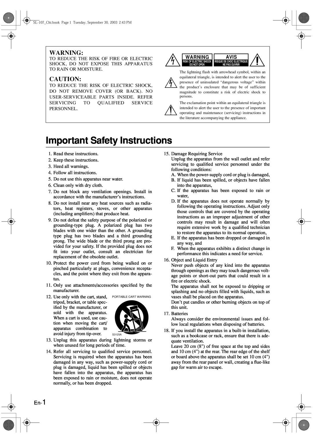 Onkyo SL-107 instruction manual Important Safety Instructions, Avis, En-1 