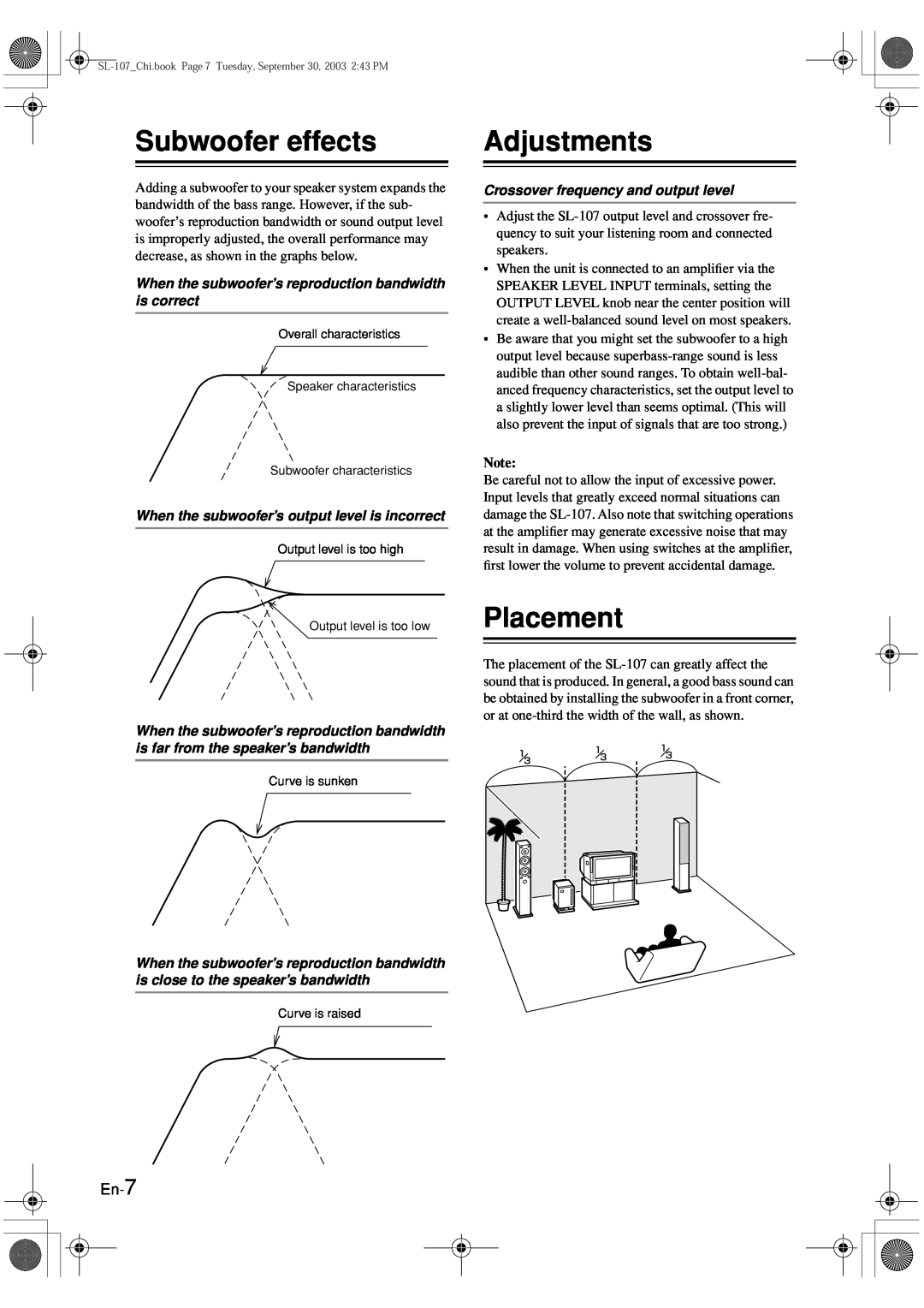 Onkyo SL-107 instruction manual Subwoofer effects, Adjustments, Placement, En-7 