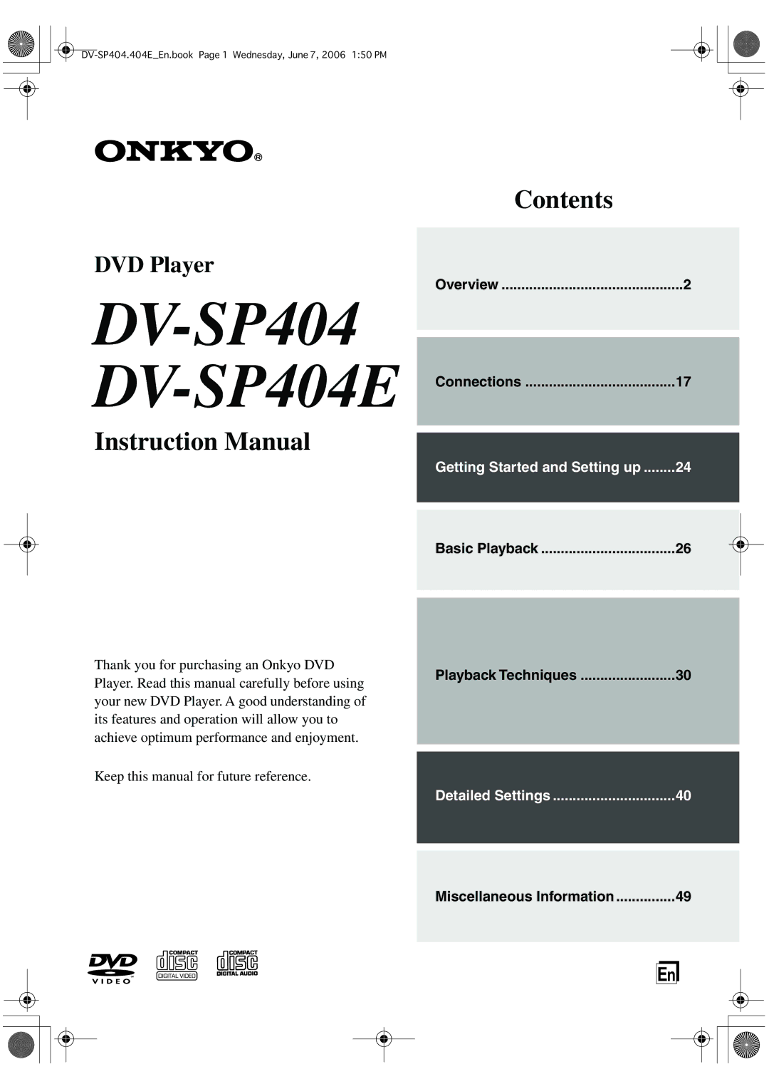 Onkyo instruction manual DV-SP404 DV-SP404E 