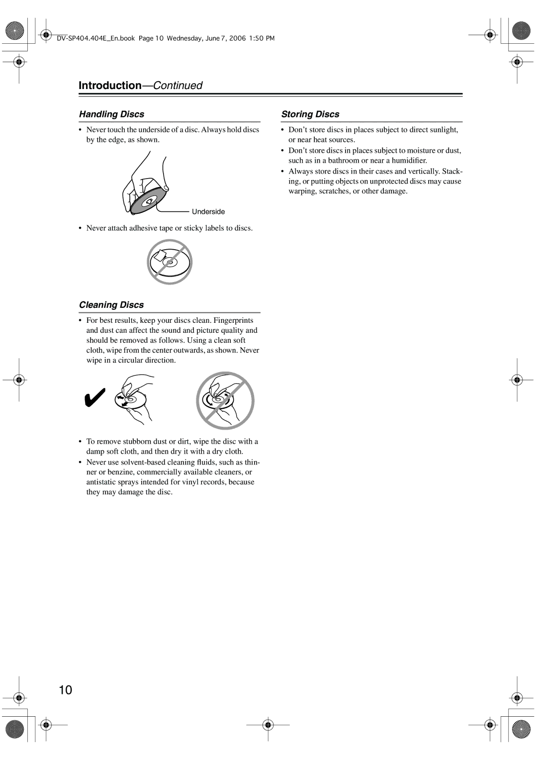 Onkyo SP404 instruction manual Handling Discs, Storing Discs, Cleaning Discs 