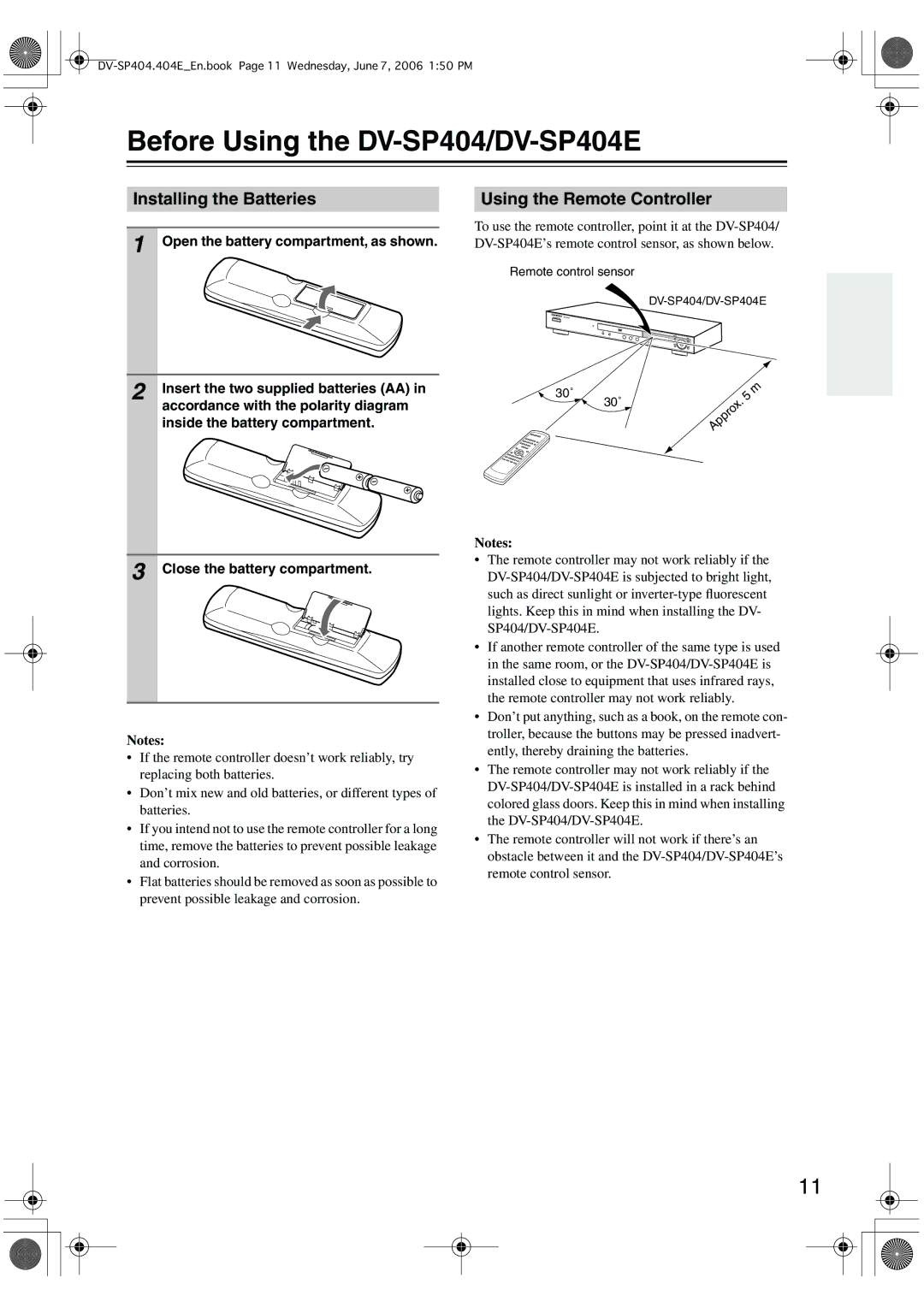 Onkyo instruction manual Before Using the DV-SP404/DV-SP404E, Installing the Batteries, Using the Remote Controller 