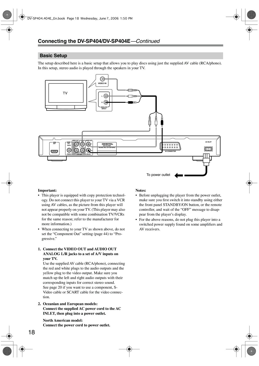 Onkyo instruction manual Connecting the DV-SP404/DV-SP404E, Basic Setup, ImportantNotes 