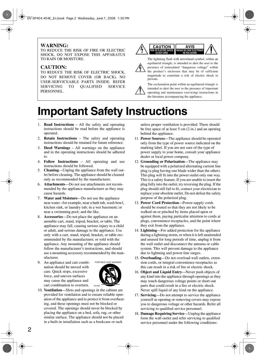 Onkyo SP404 instruction manual Important Safety Instructions 