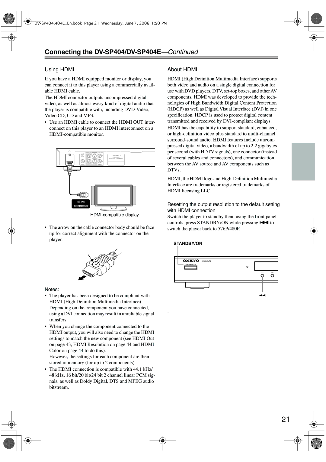 Onkyo SP404 instruction manual Using Hdmi, About Hdmi 