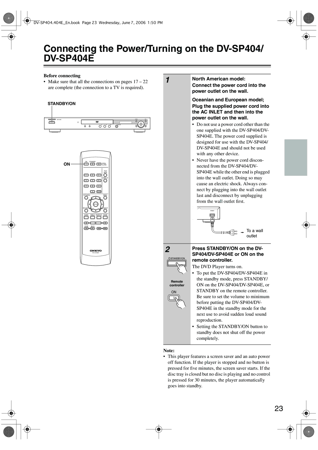 Onkyo Connecting the Power/Turning on the DV-SP404/ DV-SP404E, North American model, Connect the power cord into 