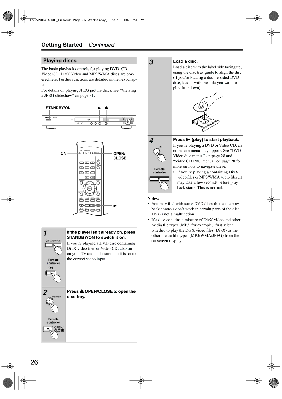 Onkyo SP404 instruction manual Playing discs3 Load a disc, Press Play to start playback, Press OPEN/CLOSE to open Disc tray 