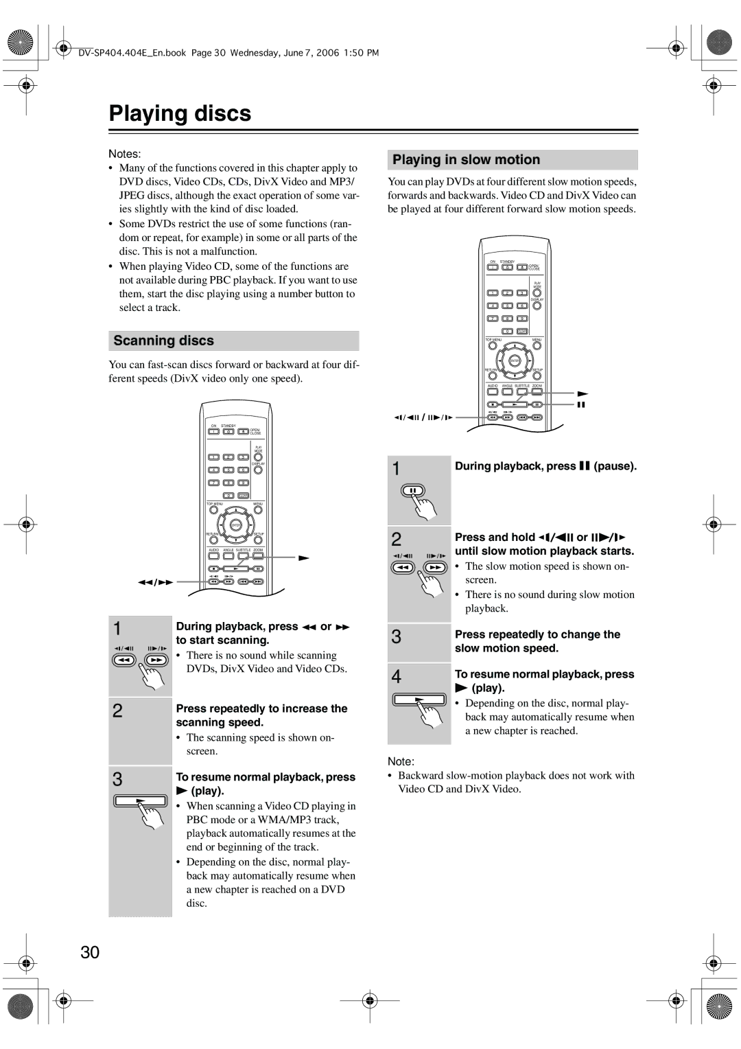 Onkyo SP404 instruction manual Playing discs, Scanning discs, Playing in slow motion 