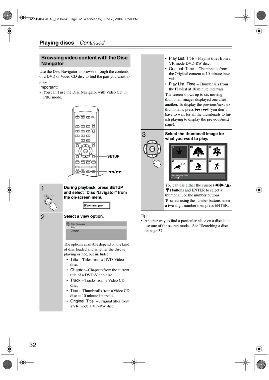 Onkyo SP404 instruction manual Browsing video content with the Disc Navigator 