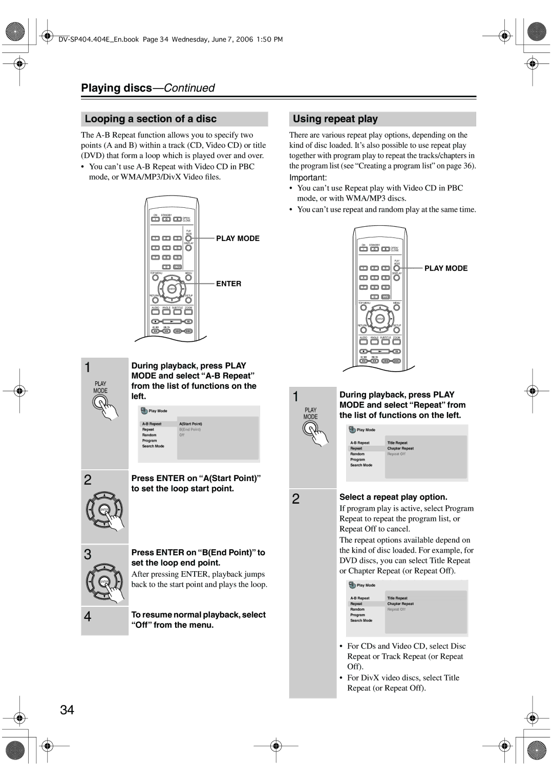 Onkyo SP404 instruction manual Looping a section of a disc Using repeat play 