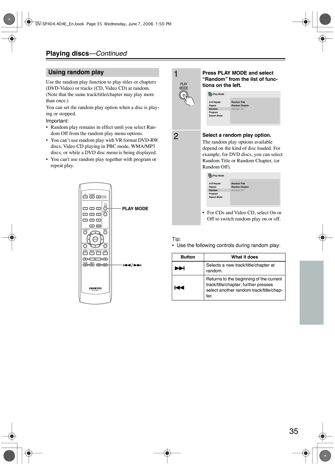 Onkyo SP404 Using random play, Press Play Mode and select, Random from the list of func, Tions on the left 