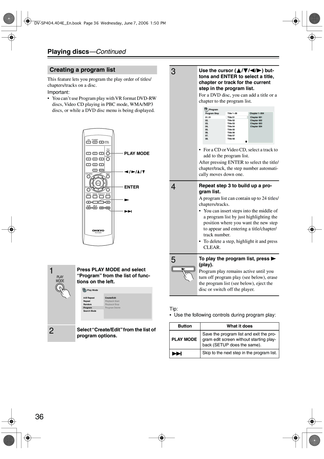 Onkyo SP404 instruction manual Creating a program list 