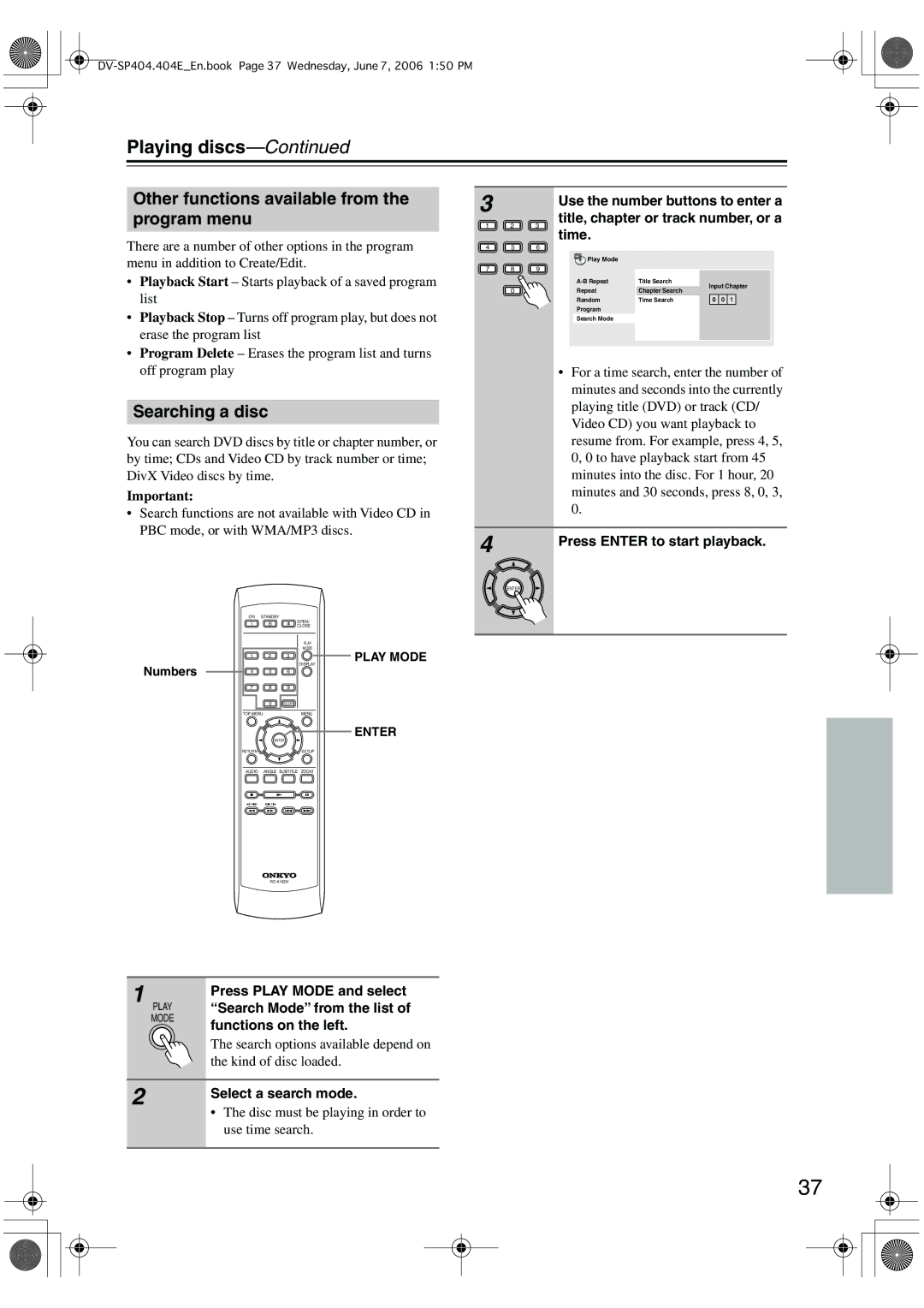 Onkyo SP404 instruction manual Other functions available from the program menu, Searching a disc 