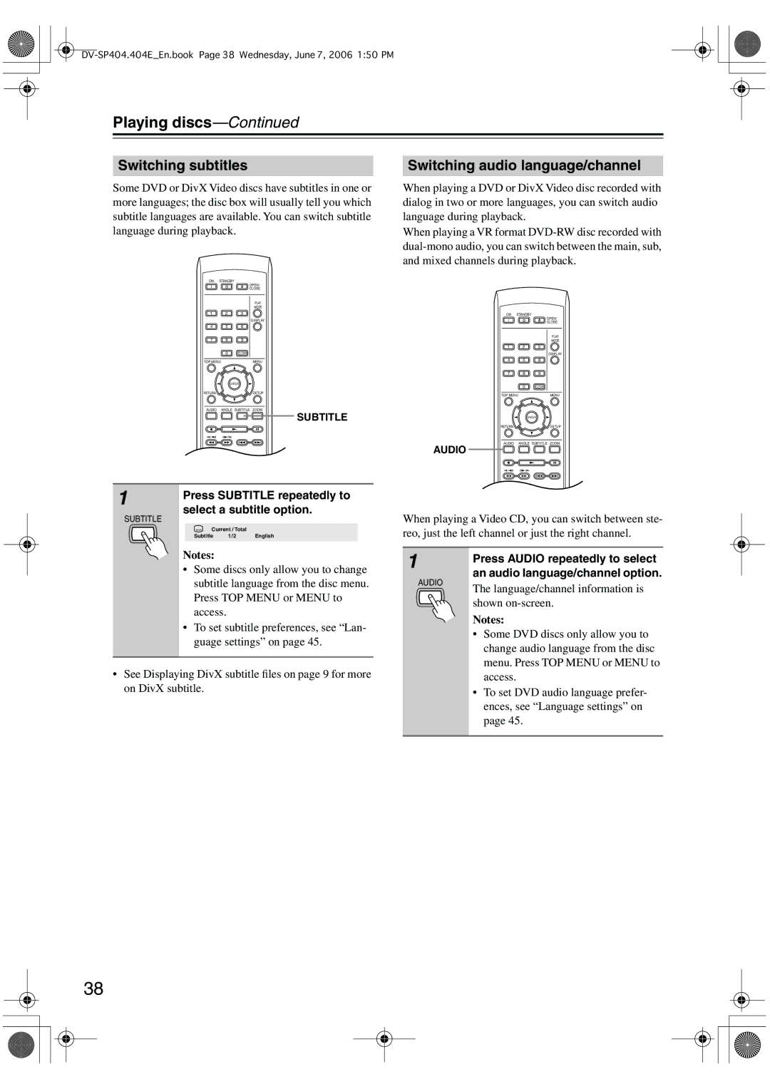 Onkyo SP404 Switching subtitles Switching audio language/channel, Press Subtitle repeatedly to, Select a subtitle option 