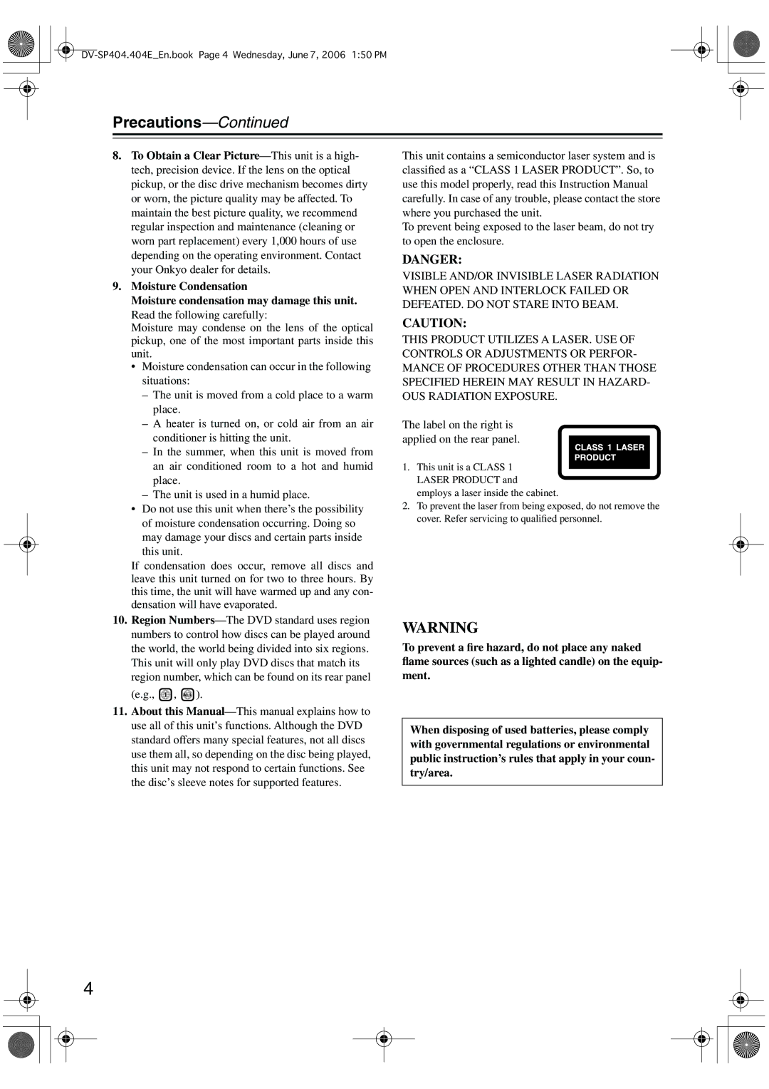 Onkyo SP404 instruction manual Precautions, Label on the right is applied on the rear panel 