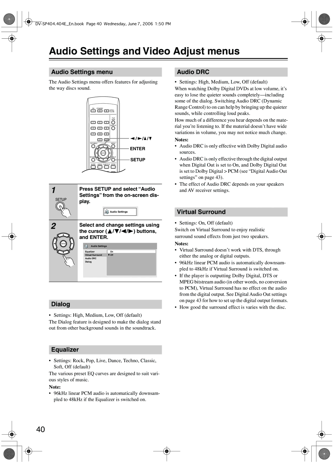 Onkyo SP404 instruction manual Audio Settings and Video Adjust menus 