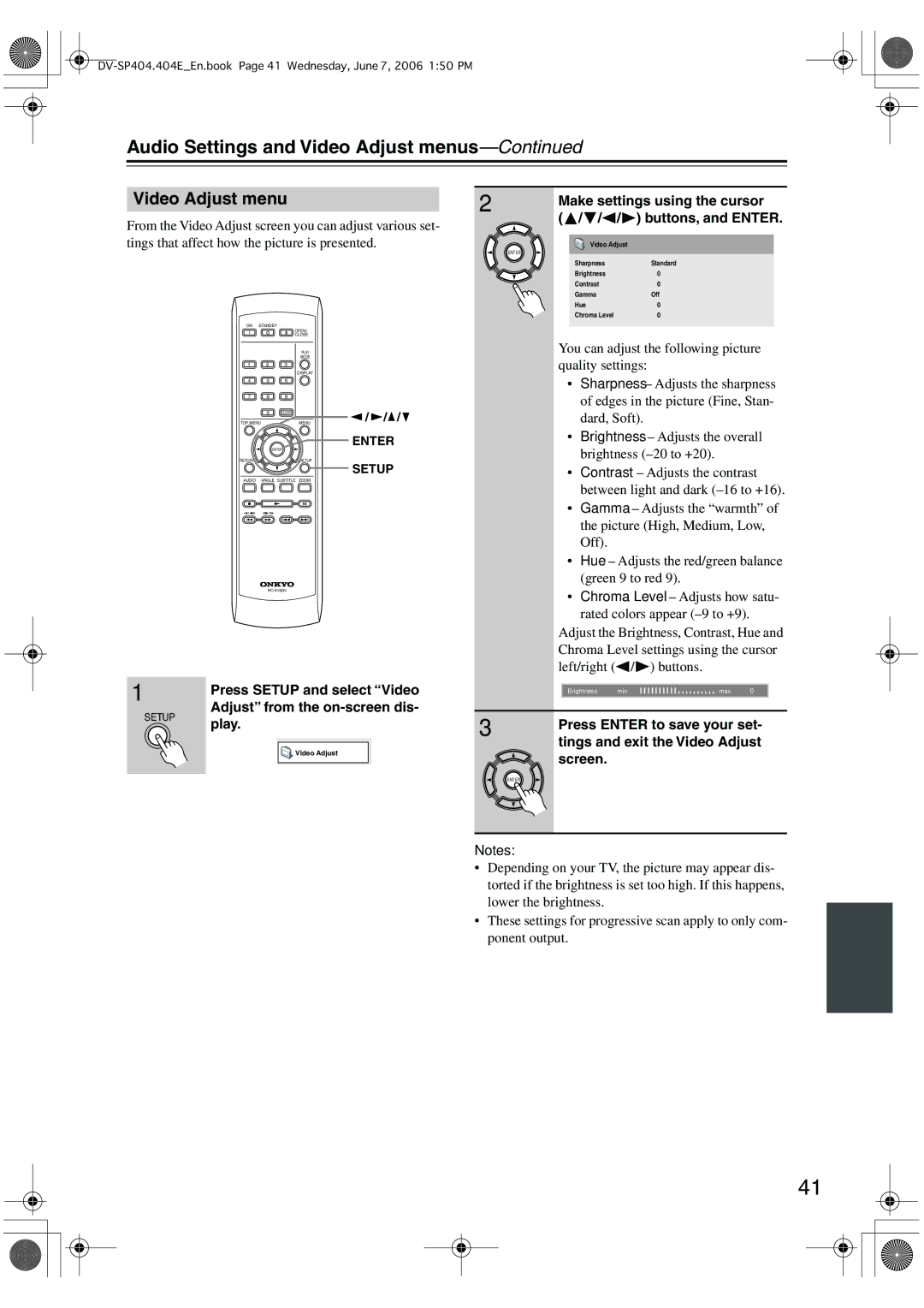 Onkyo SP404 instruction manual Audio Settings and Video Adjust menus 