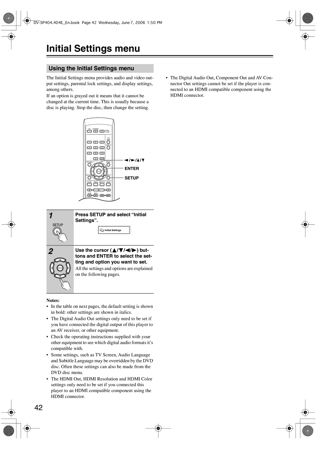 Onkyo SP404 instruction manual Using the Initial Settings menu 