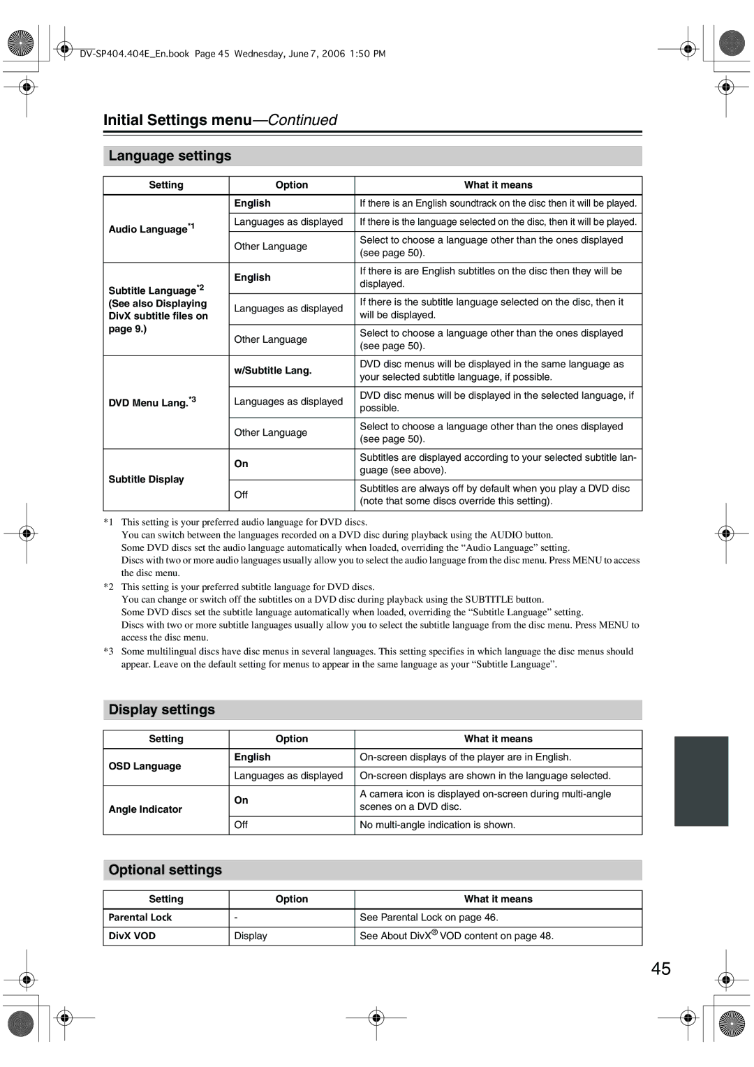 Onkyo SP404 instruction manual Language settings, Display settings, Optional settings 