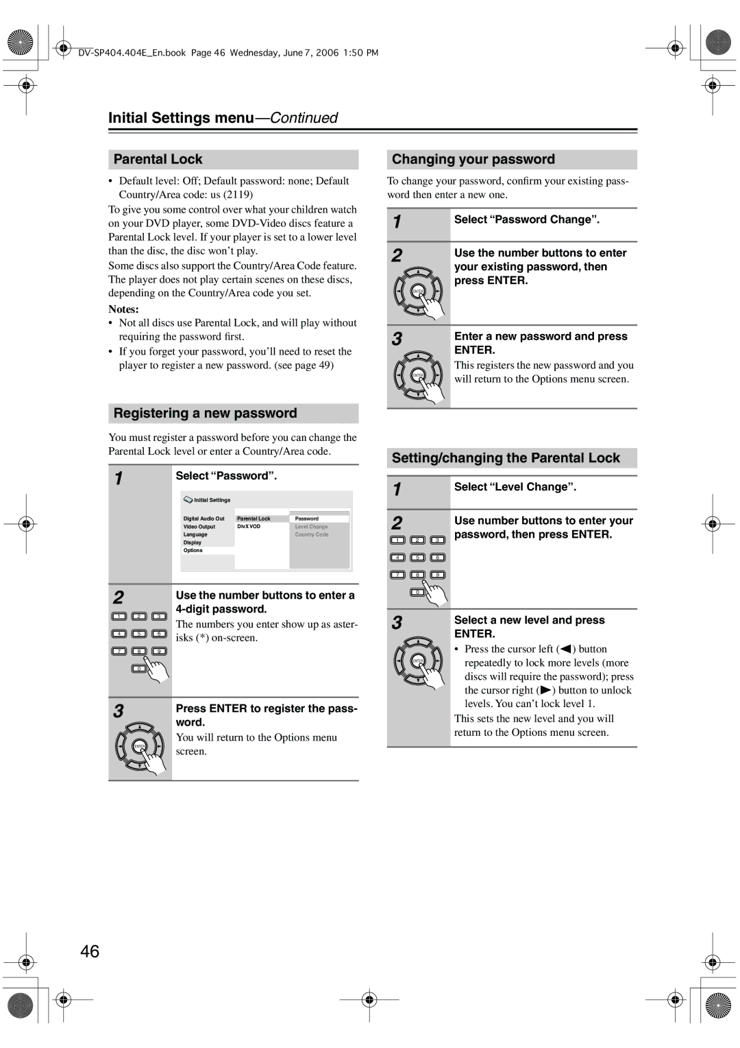 Onkyo SP404 instruction manual Registering a new password, Changing your password, Setting/changing the Parental Lock 