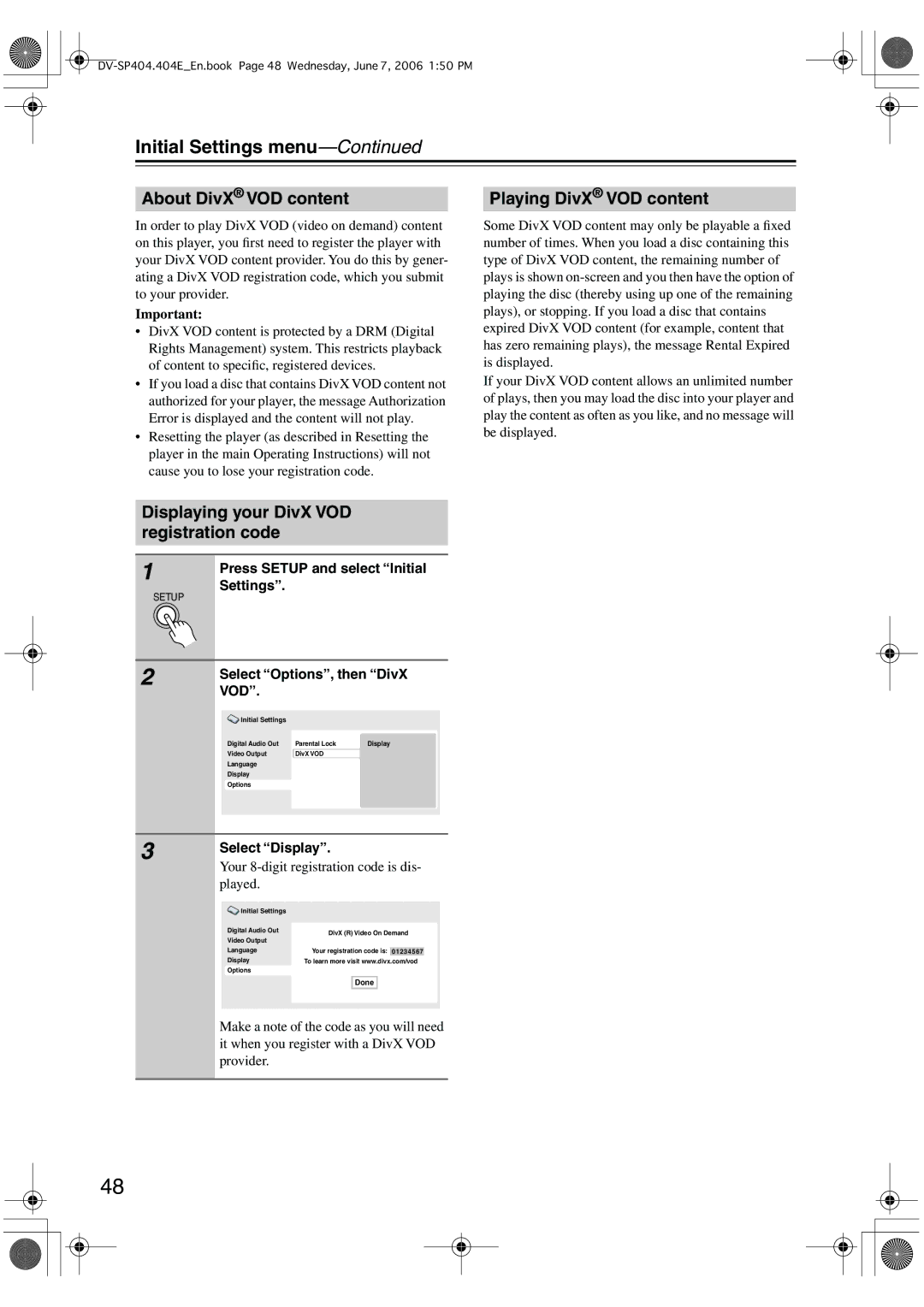 Onkyo SP404 About DivX VOD content, Playing DivX VOD content, Displaying your DivX VOD registration code, Select Display 