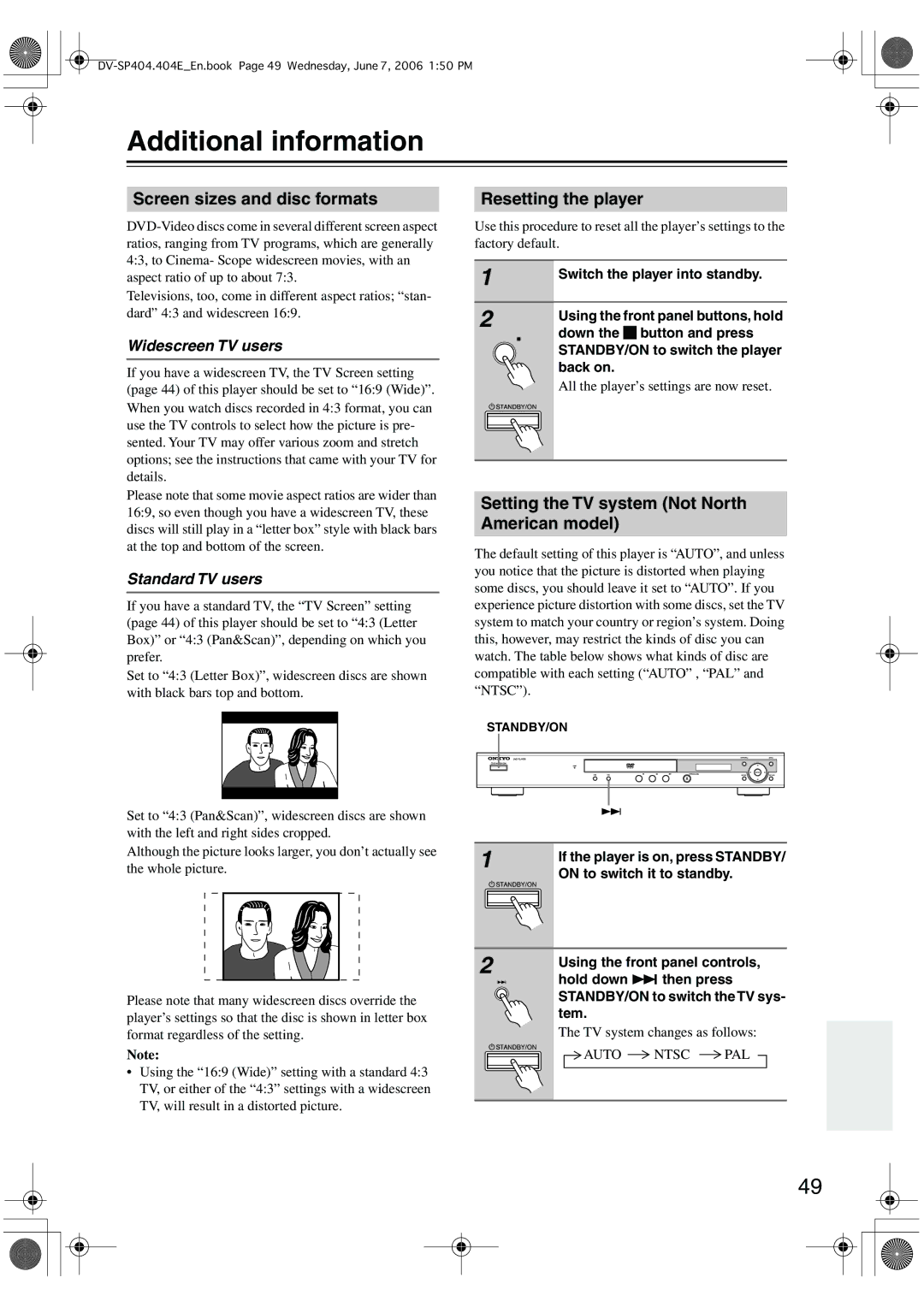 Onkyo SP404 instruction manual Additional information, Screen sizes and disc formats, Resetting the player 