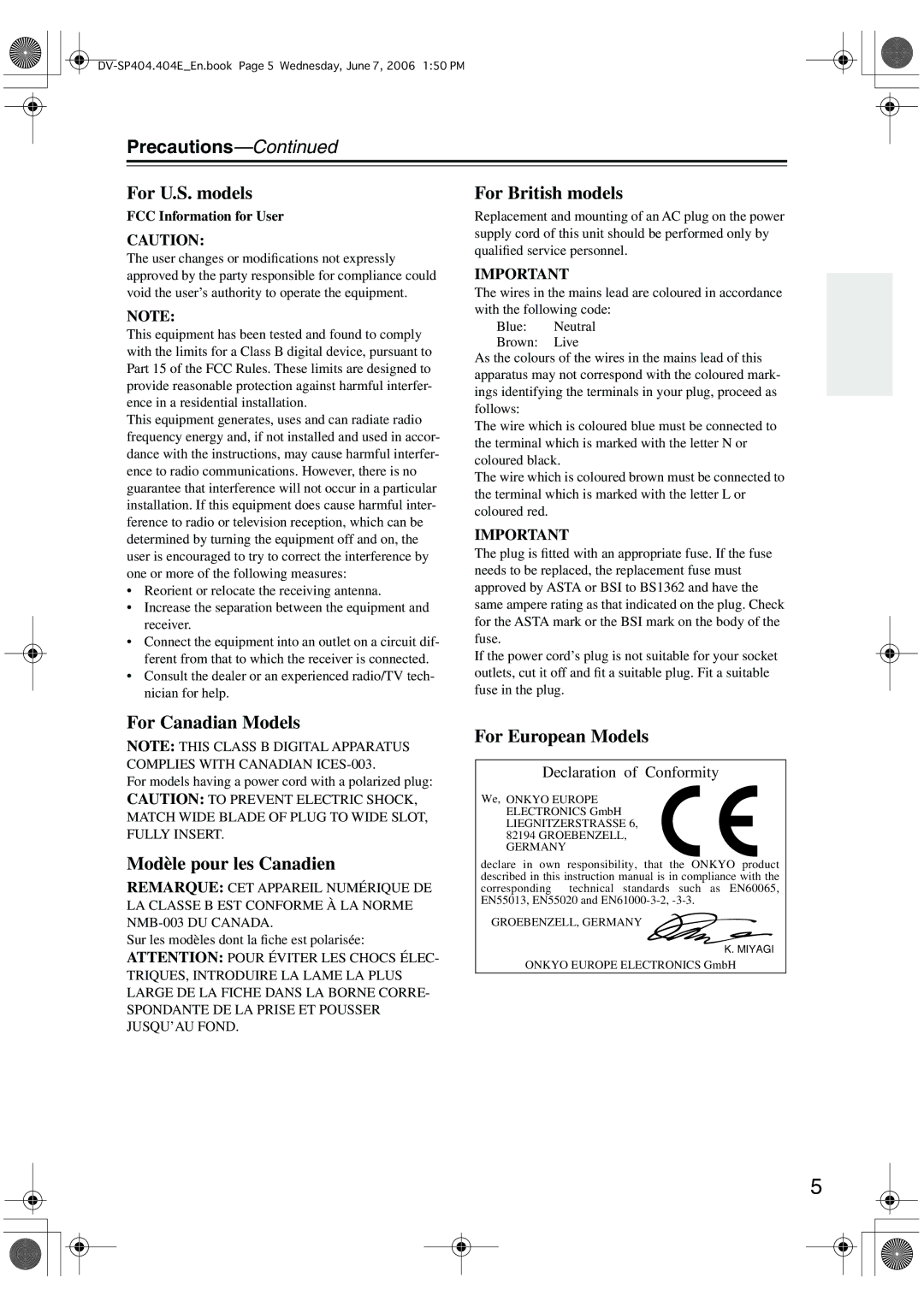 Onkyo SP404 instruction manual For U.S. models, FCC Information for User 