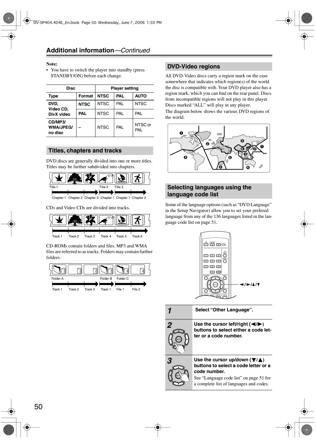 Onkyo SP404 instruction manual Additional information, Titles, chapters and tracks, DVD-Video regions 