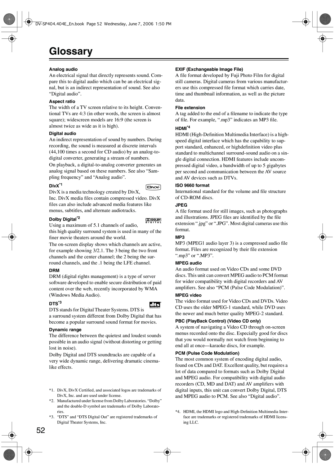 Onkyo SP404 instruction manual Glossary 