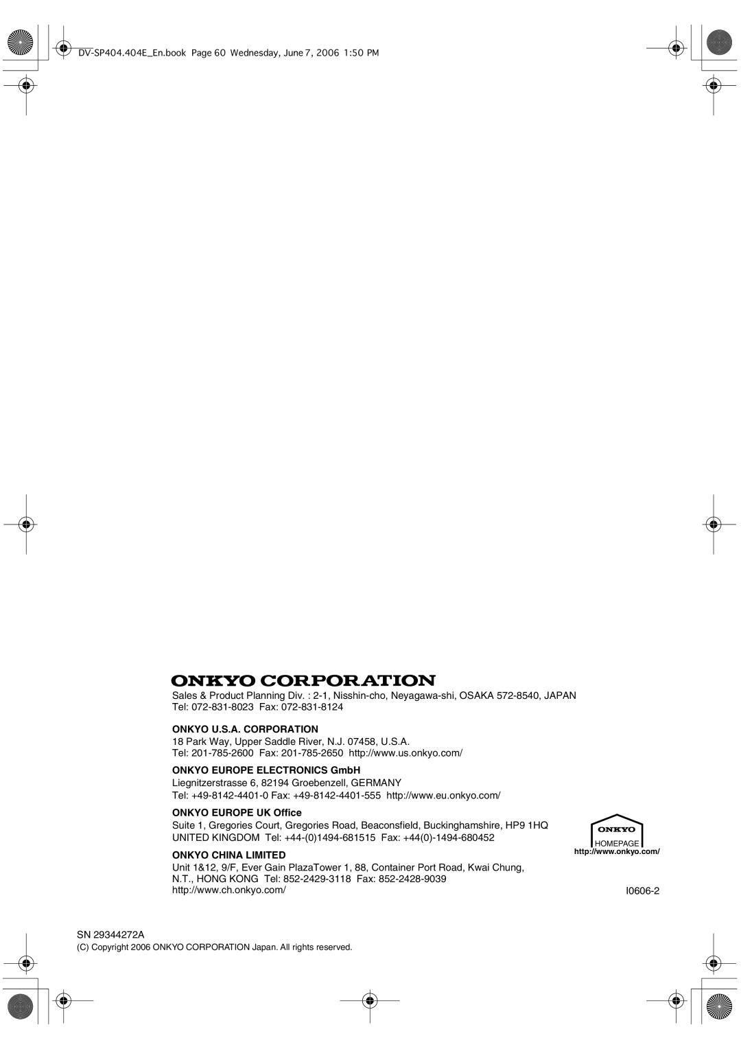 Onkyo SP404 instruction manual Onkyo Europe Electronics GmbH, Onkyo Europe UK Office 