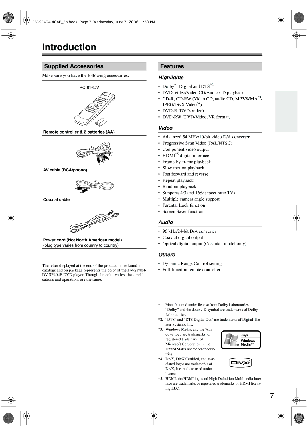 Onkyo SP404 instruction manual Introduction, Supplied Accessories, Features 