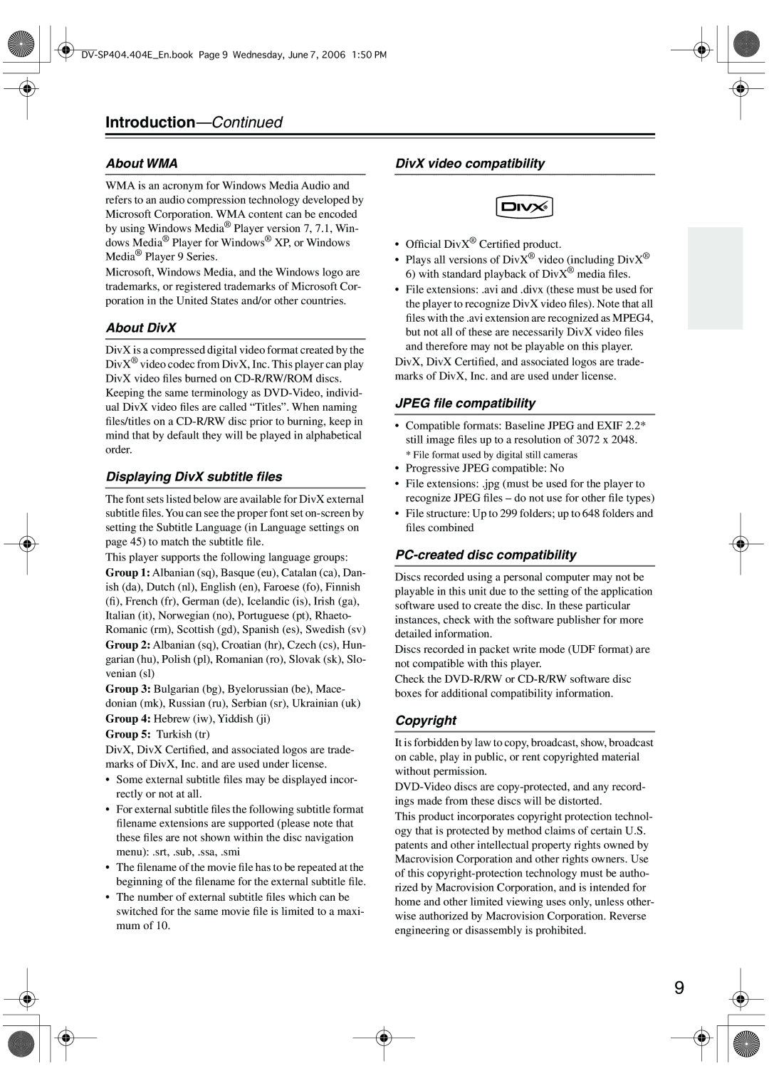 Onkyo SP404 About WMA, About DivX, Displaying DivX subtitle ﬁles, DivX video compatibility, Jpeg ﬁle compatibility 